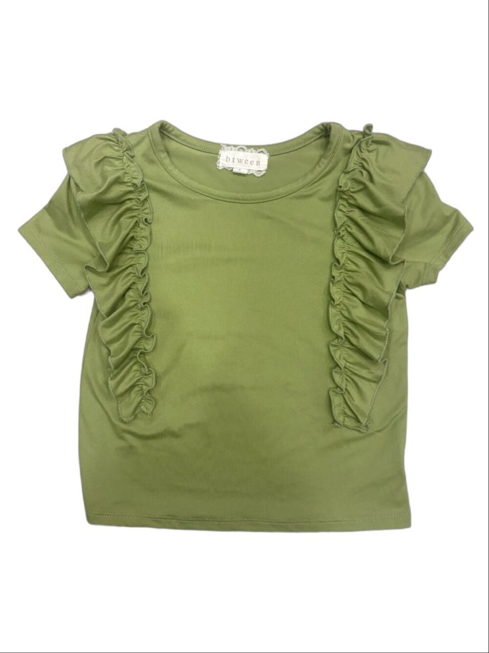 btween Girls Olive Sage Green Ruffle Accent Short Sleeve Top (Size 6)